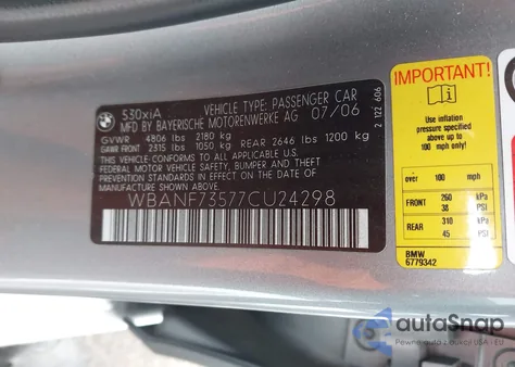 2007 BMW 530Xi from USA, damaged, VIN WBANF73577CU24298